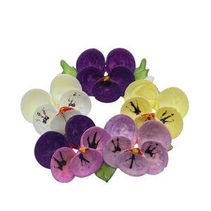 Vintage Seashell Pansy Floral Brooch Pin Handmade Wreath Shape Purple Yellow